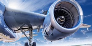 Jet turbine engine on plane in flight