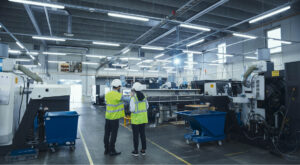 Engineer reviewing quality control data on tablet at aerospace manufacturing facility