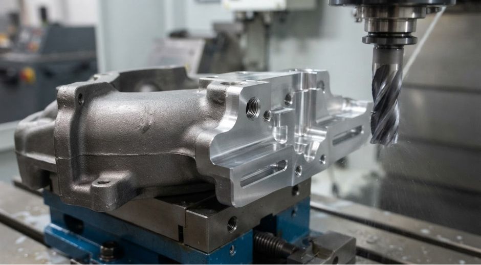 CNC milling machine cutting a metal automotive housing part.